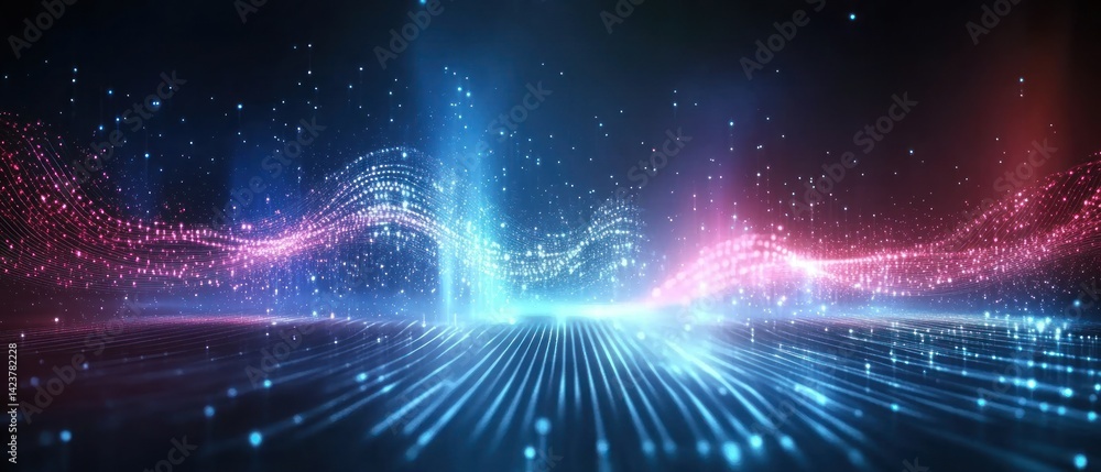 Poster glowing particle waves and network lines