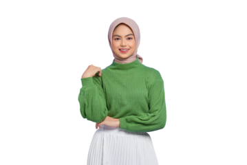 Beautiful young Asian woman in green sweater smiling happy and looking confident isolated on transparent background