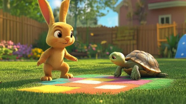 Cartoon Hare and Tortoise Meeting on Lawn, a Children's Tale Visualization, Nature Backdrop