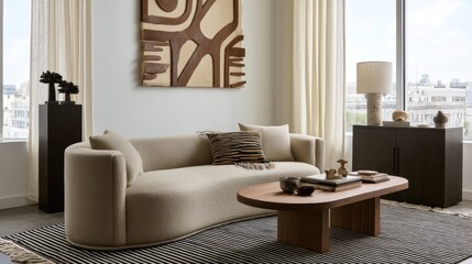 A minimalist, modern living room with an oval-shaped, beige sofa, a wooden coffee table, and a black-and-white striped rug. The wall art features abstract shapes in earth tones, and a small, dark wood