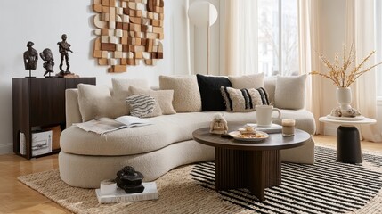 A minimalist, modern living room with an oval-shaped, beige sofa, a wooden coffee table, and a black-and-white striped rug. The wall art features abstract shapes in earth tones, and a small, dark wood