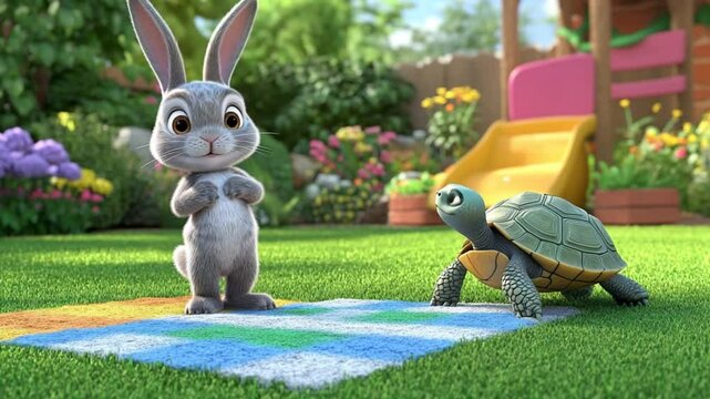 Animated depiction of a tortoise and a hare enjoying playtime in a vibrant garden setting