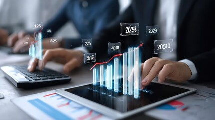 Businessmen use computers with holograms of growing graphs and the text "2025" on virtual screens for goal planning or business strategy, envisioning future success. This is a highly detailed