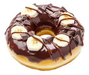 Donut with banana and chocolate icing isolated on transparent background