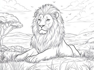 Lion resting in African savanna landscape, coloring page