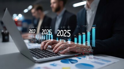Businessmen use computers with holograms of growing graphs and the text "2025" on virtual screens for goal planning or business strategy, envisioning future success. This is a highly detailed
