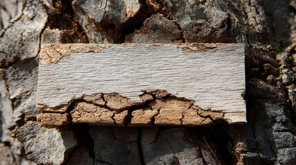 Photo of a piece of wood with visible cracks and an empty paper cutout on top, set against the backdrop of natural tree bark. Web banner style.