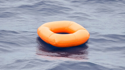 Obraz premium Orange life preserver floating on dark blue water