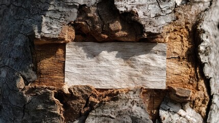 Photo of a piece of wood with visible cracks and an empty paper cutout on top, set against the backdrop of natural tree bark. Web banner style.
