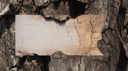 Photo of a piece of wood with visible cracks and an empty paper cutout on top, set against the backdrop of natural tree bark. Web banner style.