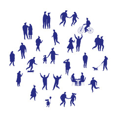 City People walking outdoor black silhouettes isolated on white background