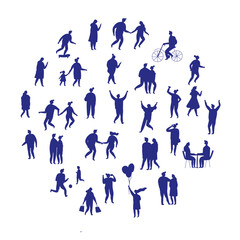 Black silhouettes of people in circular layout. Walking, talking, family, and daily activities. Ideal for urban projects, infographics, and lifestyle design.