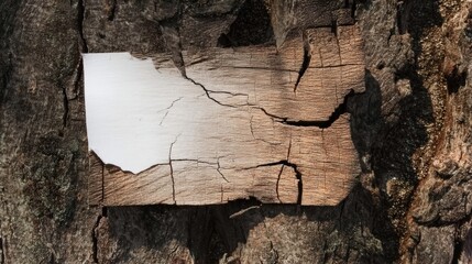 Photo of a piece of wood with visible cracks and an empty paper cutout on top, set against the backdrop of natural tree bark. Web banner style.