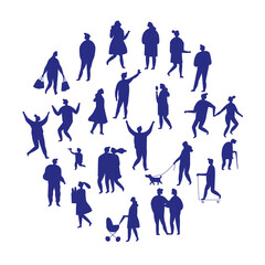 Set of urban silhouettes with men, women, children, families, and pets walking outdoors. Minimal vector crowd design for community, lifestyle, and city themes.