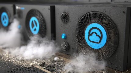 Cloud Computing in Server Room Concept. Modern Server Cooling System with Dust and Steam Effect in Data Center Environment