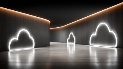 Cloud Computing in Server Room Concept. Modern Interior Design Featuring Neon Cloud Shapes with Soft Lighting in a Contemporary Space