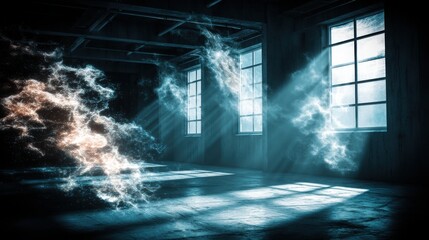 Cloud Computing in Server Room Concept. Ethereal Light and Mist in an Abandoned Warehouse with Dust Particles and Shadows