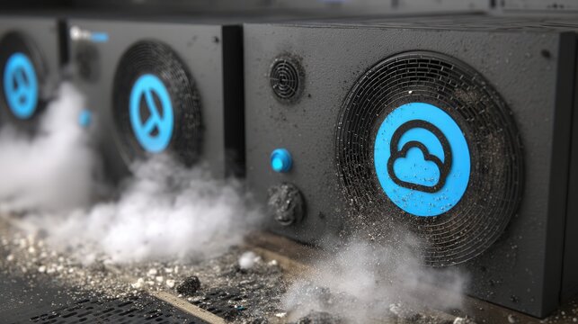 Cloud Computing in Server Room Concept. Modern Server Cooling System with Dust and Steam Effect in Data Center Environment - Powered by Adobe