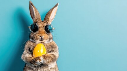 Happy Easter concept, a funny rabbit wearing sunglasses and holding a yellow Easter egg against a blue background, with copy space for text, suitable for a banner design.