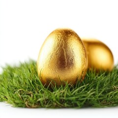 Golden Easter egg in green grass, isolated on a white background. Detailed illustration, high-resolution, professional photograph.