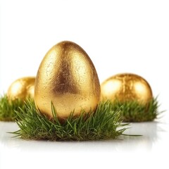 Golden Easter egg in green grass, isolated on a white background. Detailed illustration, high-resolution, professional photograph.