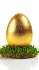 Golden Easter egg in green grass, isolated on a white background. Detailed illustration, high-resolution, professional photograph.
