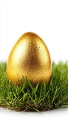 Golden Easter egg in green grass, isolated on a white background. Detailed illustration, high-resolution, professional photograph.