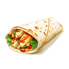 Delicious chicken wrap with fresh vegetables and herbs for healthy eating and lunch ideas on transparent background