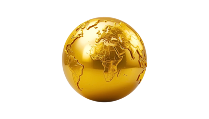 Golden globe showing continents and oceans on a white background