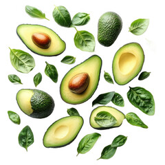 Isolated transparent PNG die-cut. Green Avocados and Leaves on Transparent Background