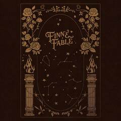 Fabulous vector frame with columns, wild roses and constellations. Cover for children's book. Magic and enchantment. Enchanted and magic garden. Spells and curses. Fables and tales.