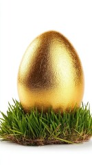 Golden Easter egg in green grass, isolated on a white background. Detailed illustration, high-resolution, professional photograph.