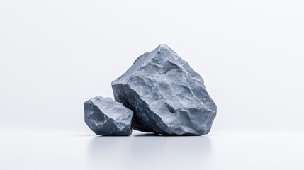 Gray rocks, minimalist aesthetic, simple geometric shapes.  Two stones on white backdrop