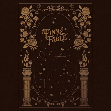 Fabulous vector frame with columns, wild roses and constellations. Cover for children's book. Magic and enchantment. Enchanted and magic garden. Spells and curses. Fables and tales.