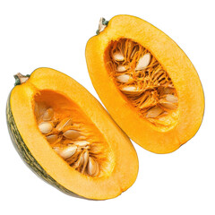 Isolated transparent PNG die-cut. Halved Orange And Green Pumpkin With Seeds On Transparent Background
