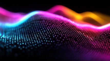 Abstract background with colorful dots, waves, and gradient light effects for digital technology. Futuristic design vector illustration on a black background, with detailed, high-resolution photograph