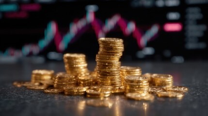 A pile of gold coins with stock market charts in the background, symbolizing the concept of wealth and business success. Realistic photo, cinematic style, low-key lighting.No blur