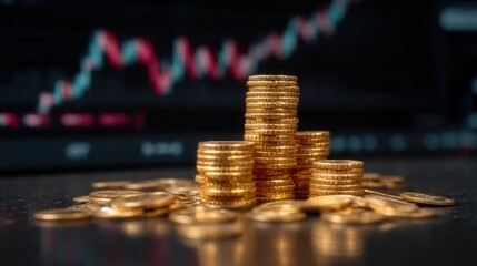 A pile of gold coins with stock market charts in the background, symbolizing the concept of wealth and business success. Realistic photo, cinematic style, low-key lighting.No blur