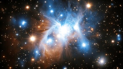 A beautiful illustration depicts a luminous nebula in deep space