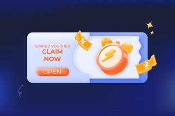 3D limited-time voucher envelope banner with discount tickets and clock icon.  flash sale, promo ads, and coupon marketing, vector illustration