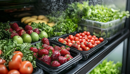 Fresh produce display featuring vibrant strawberries, tomatoes, and greens in a grocery store