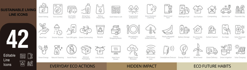Sustainable Living Line Icons – 42 Editable Vector Symbols for Eco Habits, Green Energy & Environmental Impact | AI, EPS, SVG | Designed in Adobe Illustrator