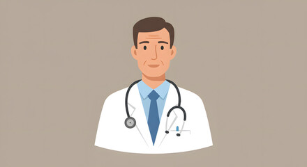 Fototapeta premium A confident, handsome male physician in a white coat smiles while standing with a stethoscope, embodying professional healthcare