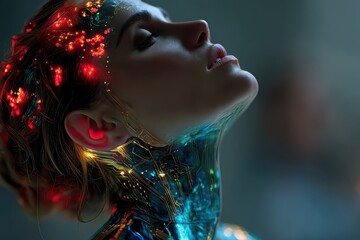 Transhumanism and the Cyber Age: Hypersurreal Portrait of Cyber-Enhanced Human with Hyper realistic Skin Blending into Polished Metallic Prosthetics