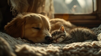 Puppy and kitten sleeping peacefully on a soft blanket, radiating warmth and serenity.
