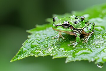 Obraz premium Green Frog on Dew Covered Leaf in Lush Nature