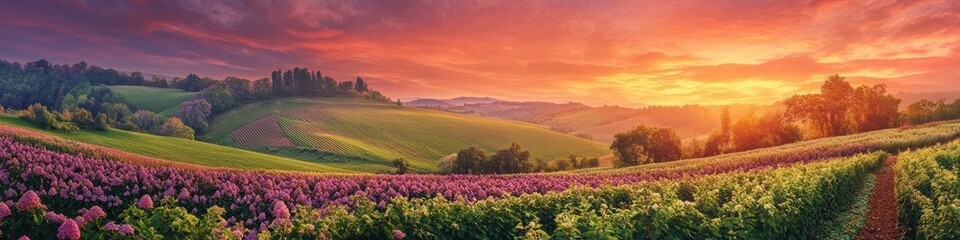 Obraz premium A sea of hydrangeas in shades of blue, pink, and white under a dramatic sunset sky, with negative space above for adding promotional text.