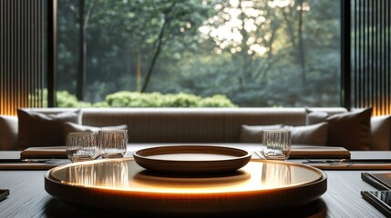 Fototapeta premium Warm-toned restaurant with an empty round tray on a circular wooden table, candles and subtle lighting, no people
