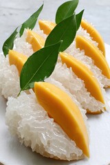 traditional Thai dessert. Traditional Thai sticky rice with mango, colorful vivid sticky rice with mango for dessert design, authentic sticky rice with mango showcasing vibrant summer tropical.