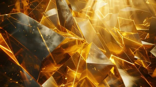 Abstract golden and silver geometric shapes with dynamic light reflections and deep shadows creating a modern artistic background